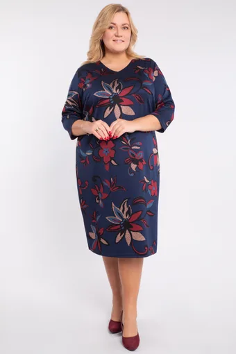 Rochie bleumarin cu flori roșii