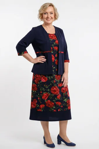 Rochie bleumarin cu flori roșii și jachetă