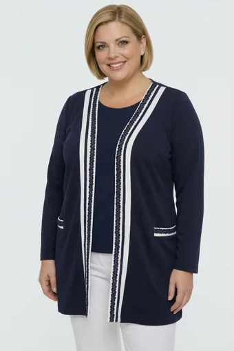 cardigan bleumarin cu inserții brodate albe