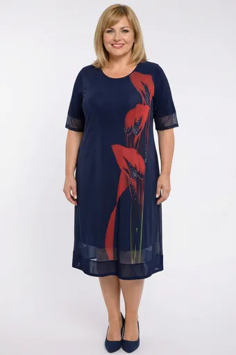 Rochie bleumarin din plasă cu flori roșii