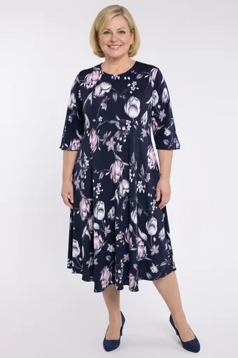 Rochie bleumarin cu lalele roz și albe