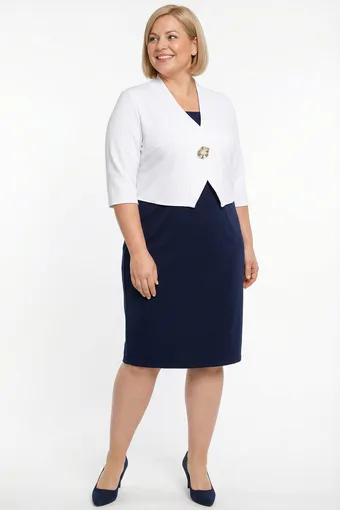 Rochie bleumarin și albă cu broșă