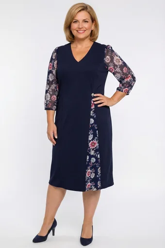 Rochie bleumarin cu mâneci din șifon floral