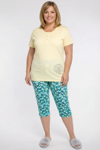 Pantaloni de pijama galben deschis și albastru cu frunze