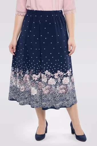 Fustă bleumarin cu imprimeu floral bej la bază
