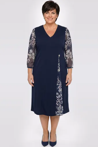 Rochie bleumarin cu mâneci din șifon și flori colorate