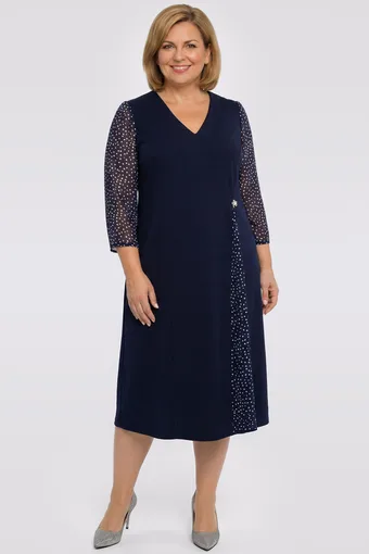 Rochie bleumarin cu mâneci din șifon și buline albe