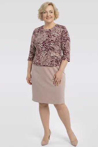 Rochie bej cu fundă și modele bordo și alb