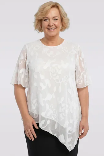 Tunică albă asimetrică cu modele albe și aurii