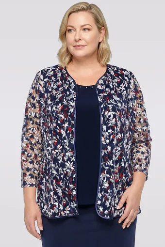 Bluză și cardigan bleumarin cu flori roșii și albe