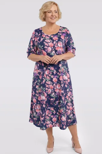 Rochie bleumarin cu flori mov și roz