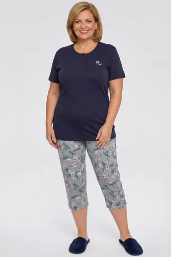 pijama bleumarin cu pantaloni gri și trandafiri