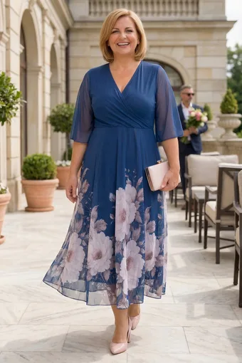Rochie bleumarin cu imprimeu floral deschis la culoare la bază