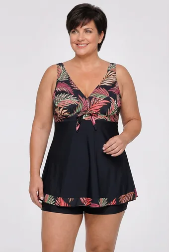 costum de baie de baie negru cu modele tropicale roz