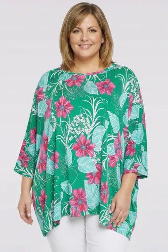 Tunică verde cu model floral roz
