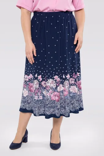 Fustă bleumarin cu imprimeu floral roz la bază