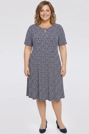 Rochie bleumarin cu model și decorațiuni albe