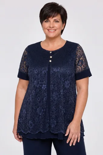 Bluză bleumarin cu cardigan de dantelă și nasturi aurii