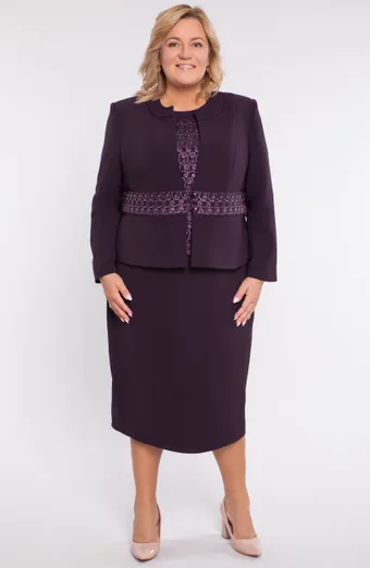 Costum de trei piese, culoare prună, cu dantelă