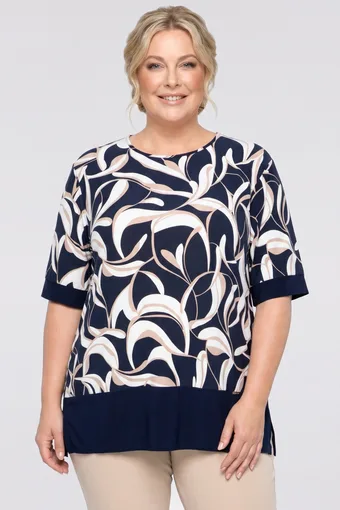 Bluză bleumarin cu modele albe și bej