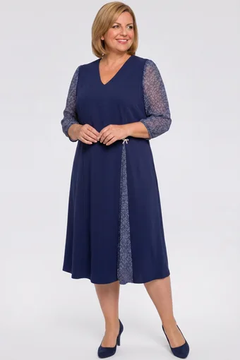 Rochie bleumarin cu mâneci din șifon și buline mici