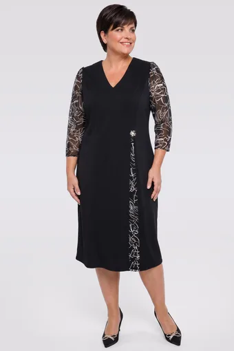 Rochie neagră cu mâneci din șifon și modele bej și albe