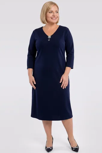 Rochie elegantă bleumarin cu broșă