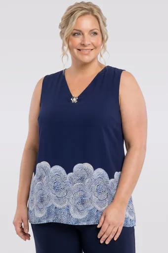 Top din șifon bleumarin cu modele albe și albastre