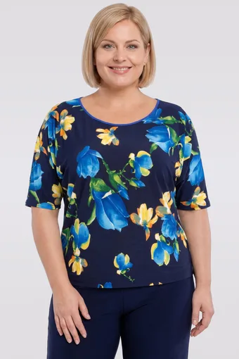 Bluză bleumarin cu flori galbene și albastre