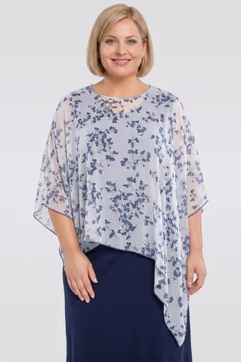 poncho gri deschis cu flori albastre