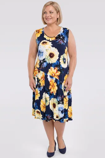 Rochie bleumarin fără mâneci cu flori galbene