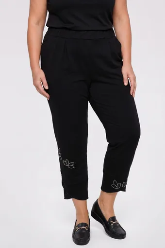 Pantaloni negri 7/8 cu flori argintii