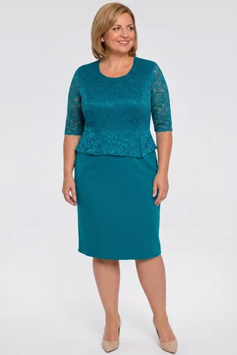 Rochie turcoaz cu peplum și mâneci din dantelă