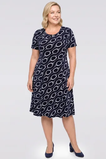 Rochie bleumarin cu modele și decorațiuni albe