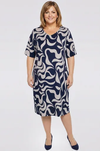 Rochie bleumarin cu imprimeuri bej
