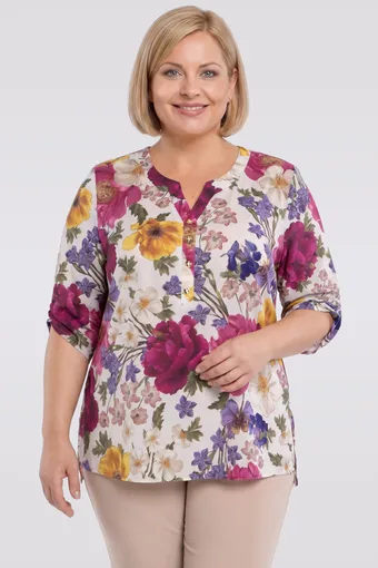 Bluză bej cu flori galbene și roz