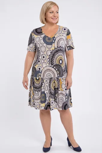 Rochie galbenă cu volane și modele colorate