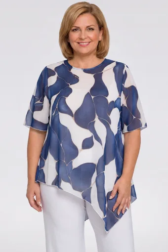Tunică albă asimetrică cu model bleumarin