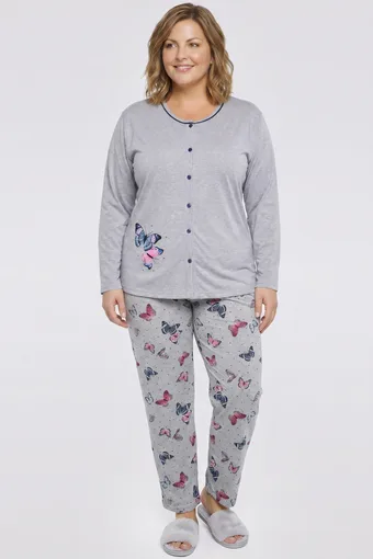 pijama gri cu fluturi și mâneci lungi