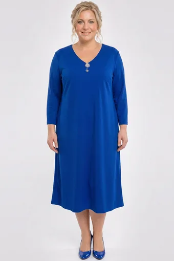 Rochie elegantă albastră cu imprimeu de albăstrele și broșă