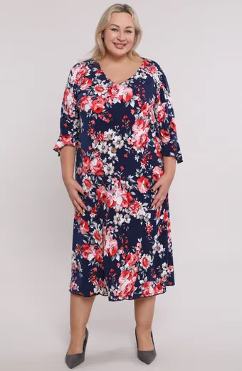 Rochie bleumarin flori rosii