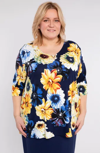 Bluza bleumarin cu flori galbene si decor
