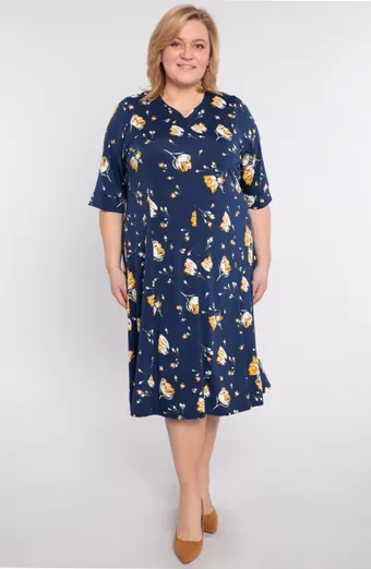Rochie bleumarin cu flori galbene