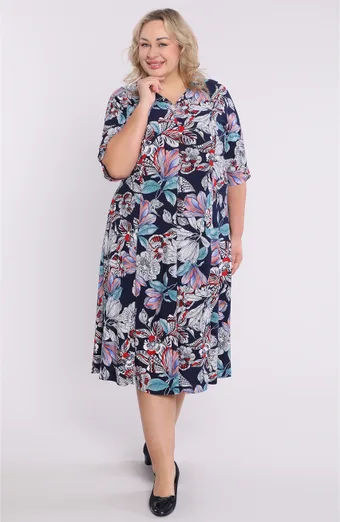 Rochie bleumarin cu flori colorate