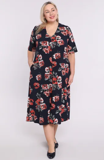 Rochie bleumarin cu decolteu in V floral