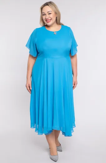 Rochie albastra din sifon cu brosa