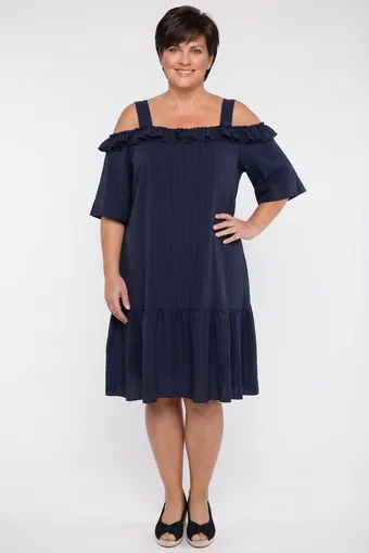 Rochie bleumarin cu umerii goi și volane