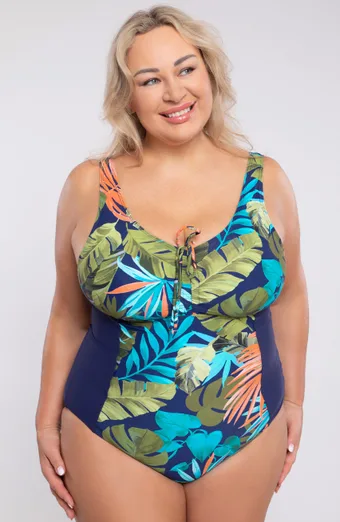 costum de baie dintr-o singură piesă bleumarin cu frunze colorate