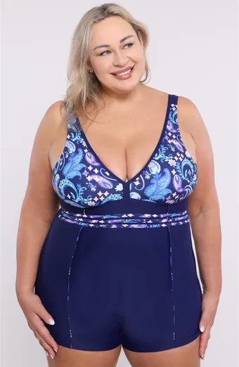 Costum de baie albastru dintr-o singură piesă cu modele mov