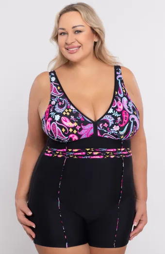 costum de baie negru dintr-o singură piesă cu modele roz